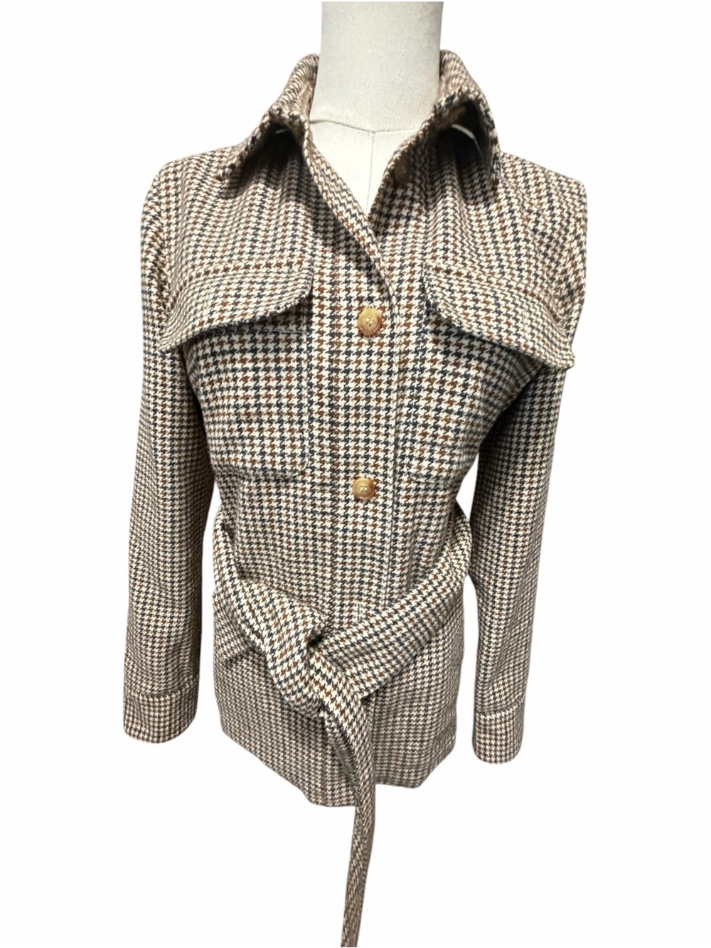 Caslon Houndstooth Belted Shirt Jacket - Beige & Brown Sz XS